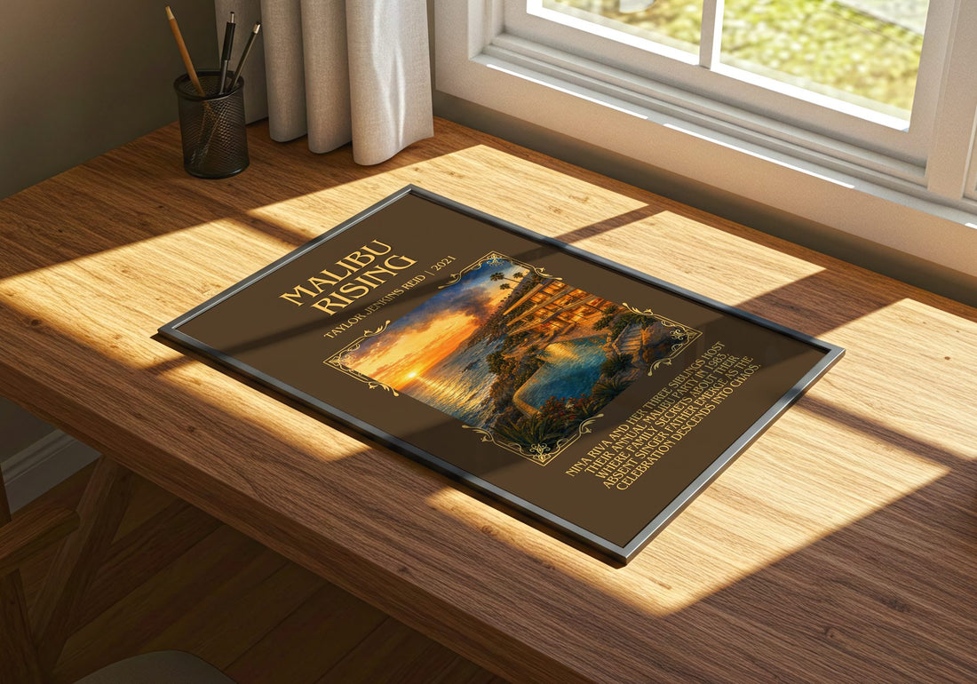Malibu Rising Minimalist Book Poster by Taylor Jenkins Reid – print on a sunlit desk