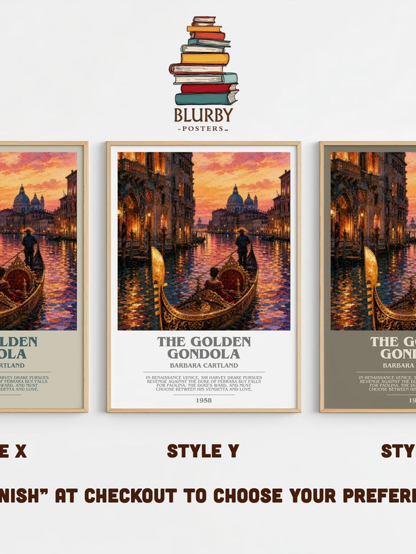 The Golden Gondola bookish print in frame leaning in hallway – historical fiction wall art