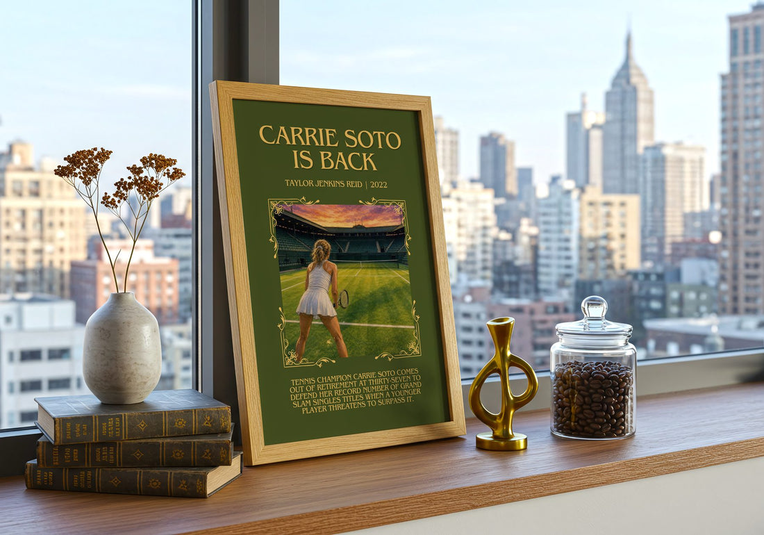 Carrie Soto Is Back Minimalist Book Poster by Taylor Jenkins Reid – framed print on a city-view windowsill