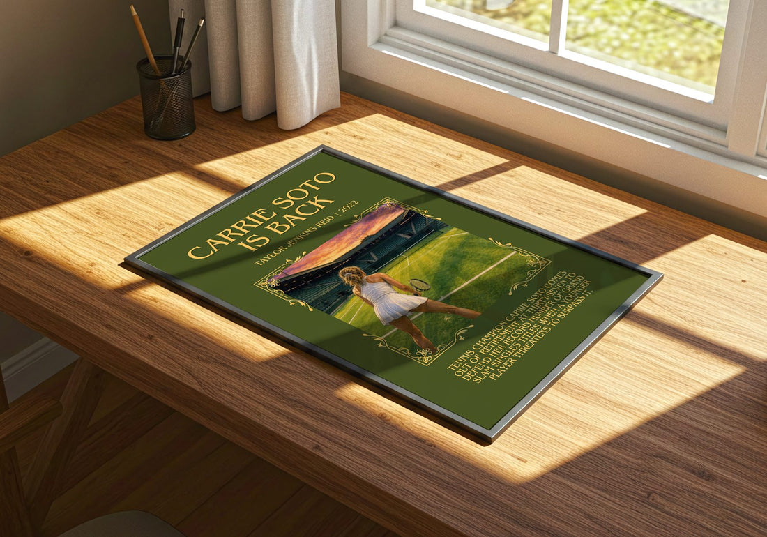 Carrie Soto Is Back Minimalist Book Poster by Taylor Jenkins Reid – print on a sunlit desk