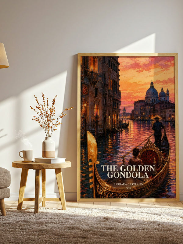 The Golden Gondola watercolour print in frame leaning in hallway – historical fiction wall art