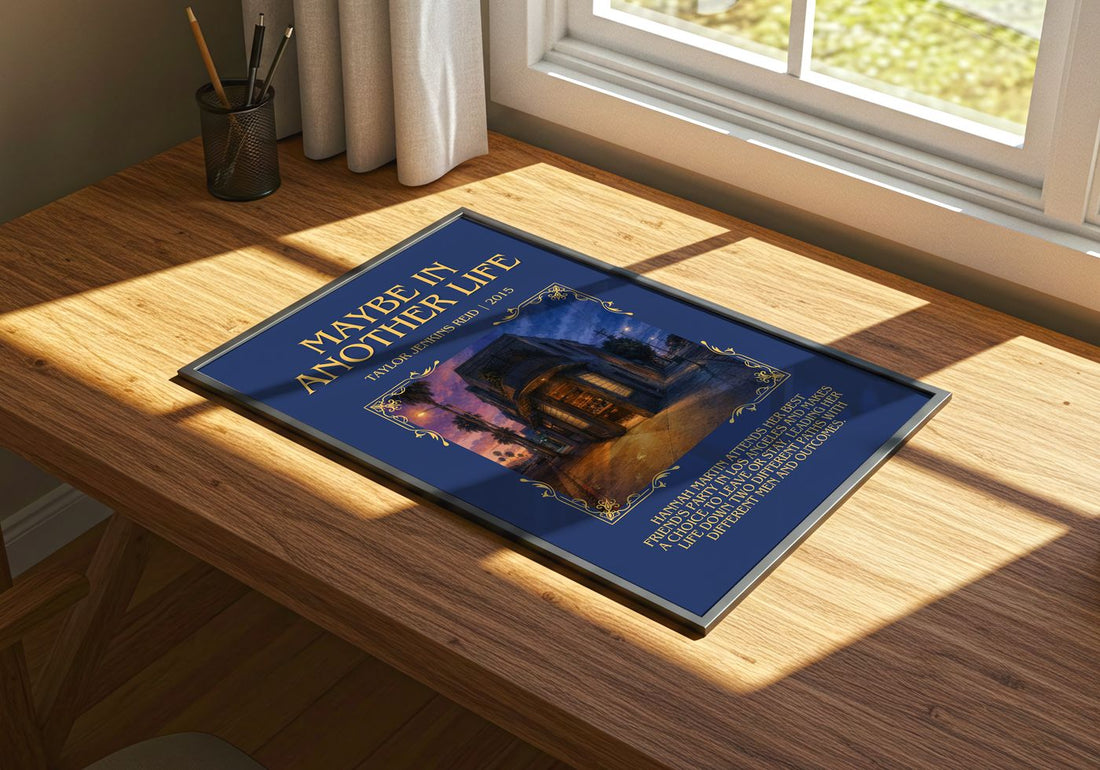 Maybe in Another Life Minimalist Book Poster by Taylor Jenkins Reid – print on a sunlit desk