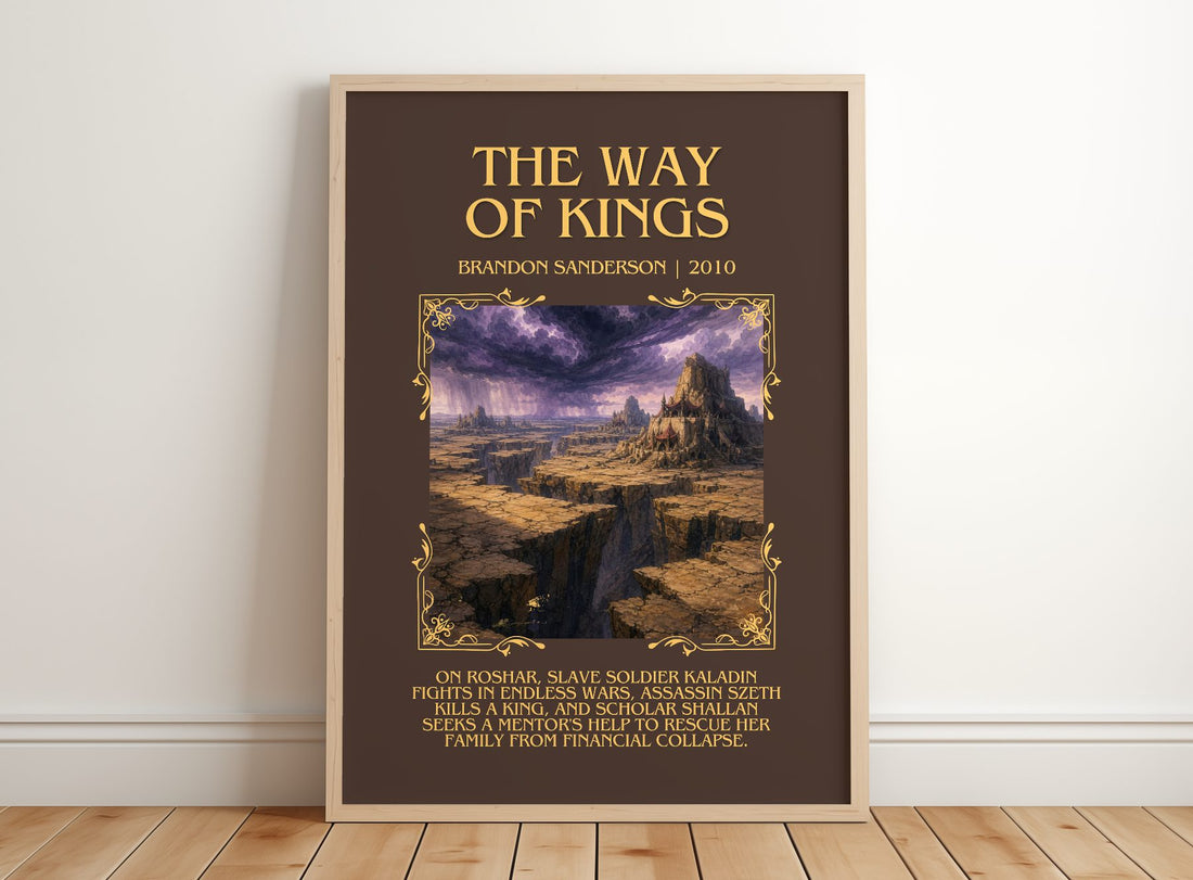 The Way of Kings Minimalist Book Poster by Brandon Sanderson – framed print leaning on a wooden floor
