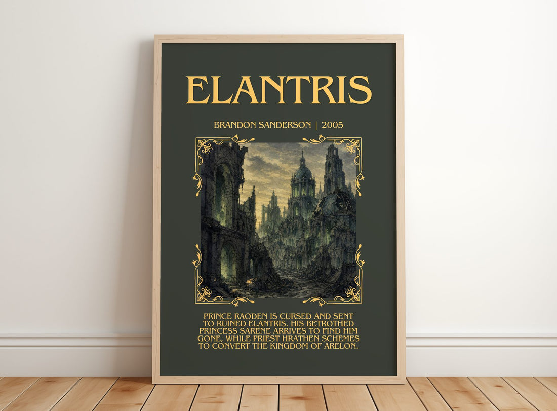 Elantris Minimalist Book Poster by Brandon Sanderson – framed print leaning on a wooden floor