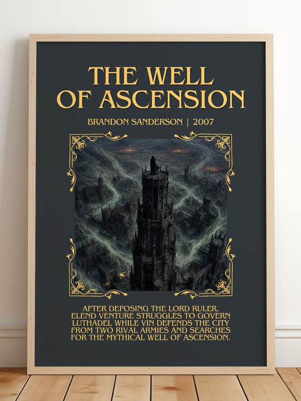 The Well of Ascension Minimalist Book Poster by Brandon Sanderson – framed print leaning on a wooden floor