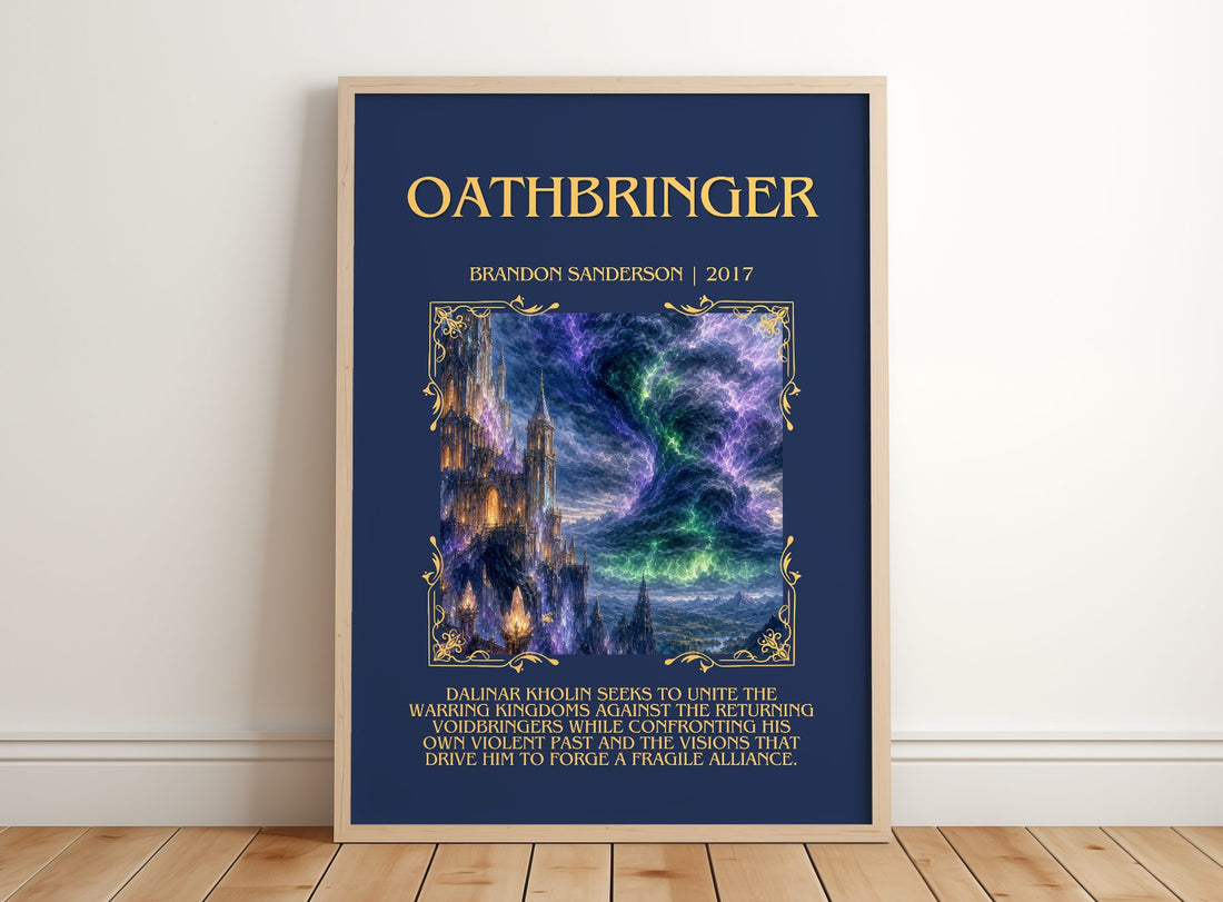 Oathbringer Minimalist Book Poster by Brandon Sanderson – framed print leaning on a wooden floor