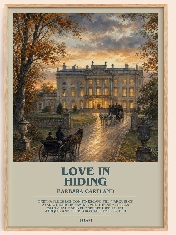 Love In Hiding bookish book poster by Barbara Cartland – framed literary art print