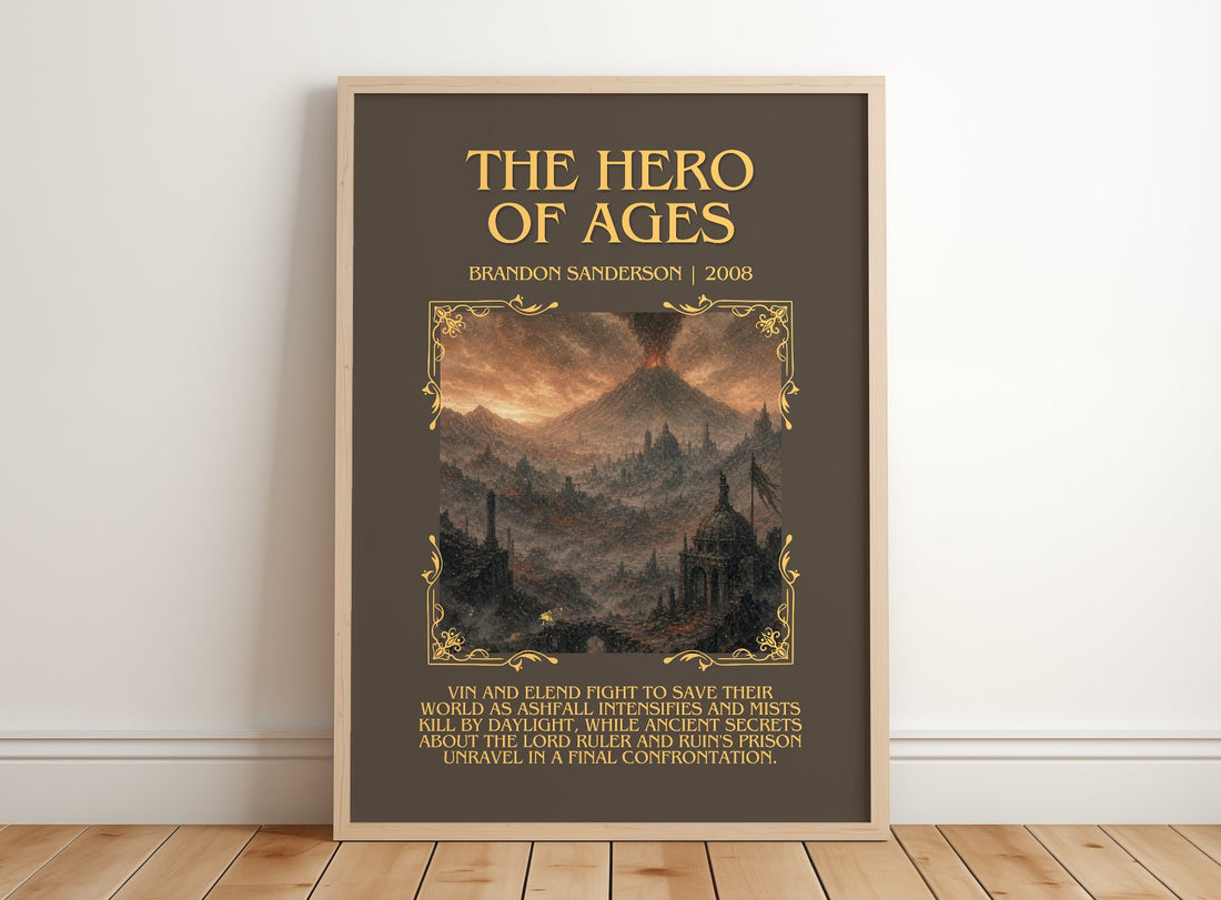The Hero of Ages Minimalist Book Poster by Brandon Sanderson – framed print leaning on a wooden floor