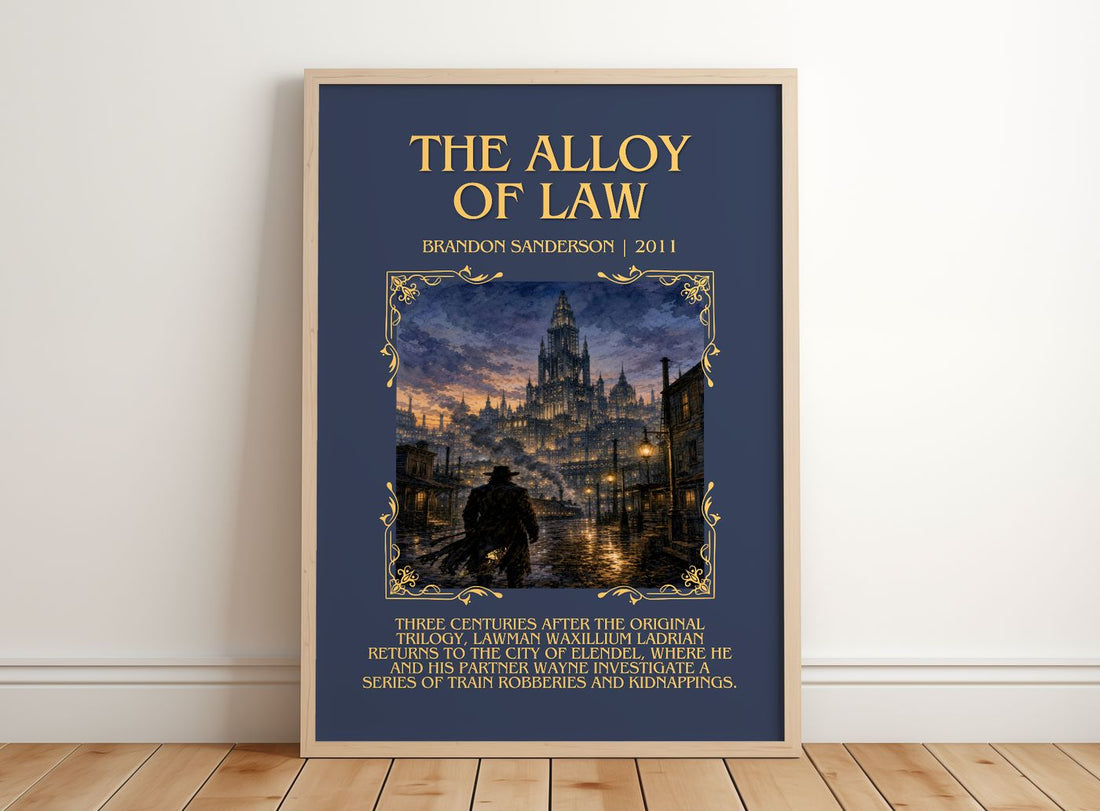 The Alloy of Law Minimalist Book Poster by Brandon Sanderson – framed print leaning on a wooden floor
