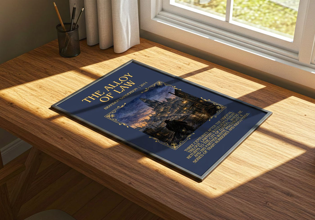 The Alloy of Law Minimalist Book Poster by Brandon Sanderson – print on a sunlit desk