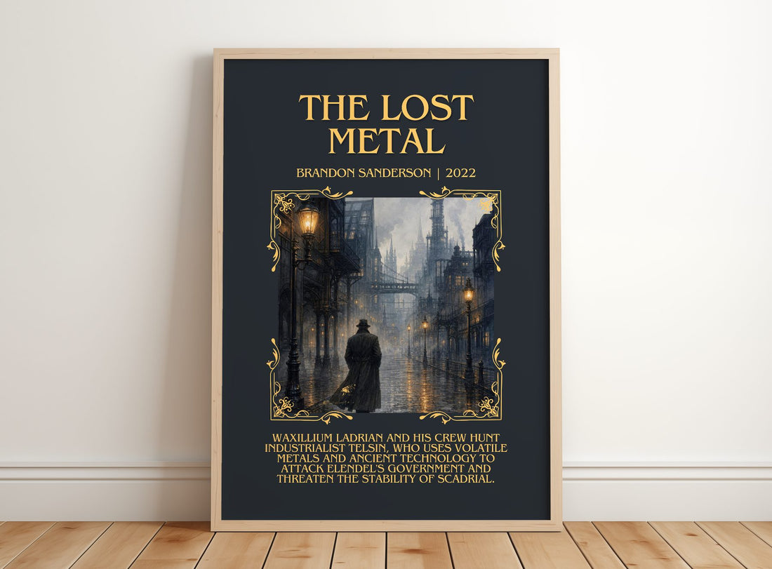 The Lost Metal Minimalist Book Poster by Brandon Sanderson – framed print leaning on a wooden floor