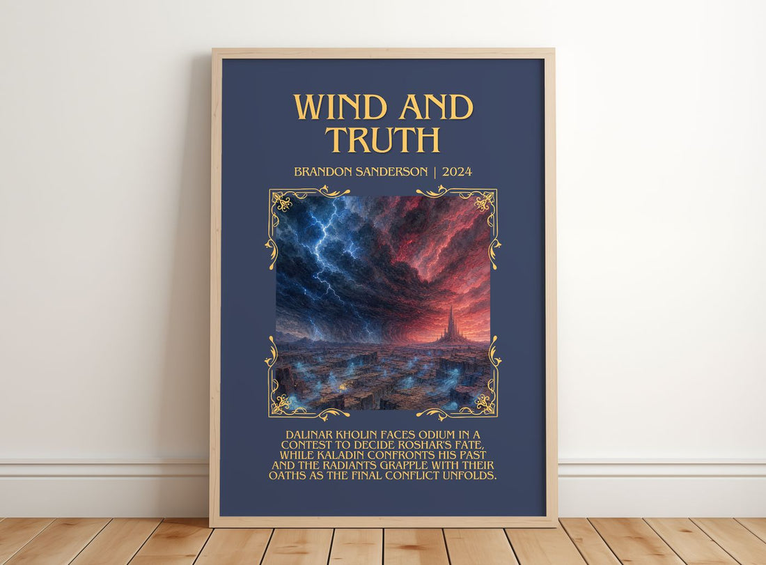 Wind and Truth Minimalist Book Poster by Brandon Sanderson – framed print leaning on a wooden floor
