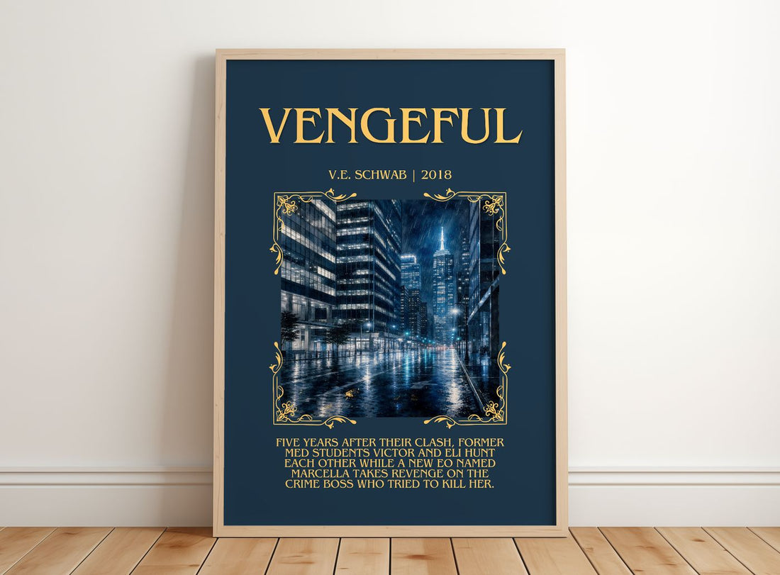 Vengeful Minimalist Book Poster by V.E. Schwab – framed print leaning on a wooden floor