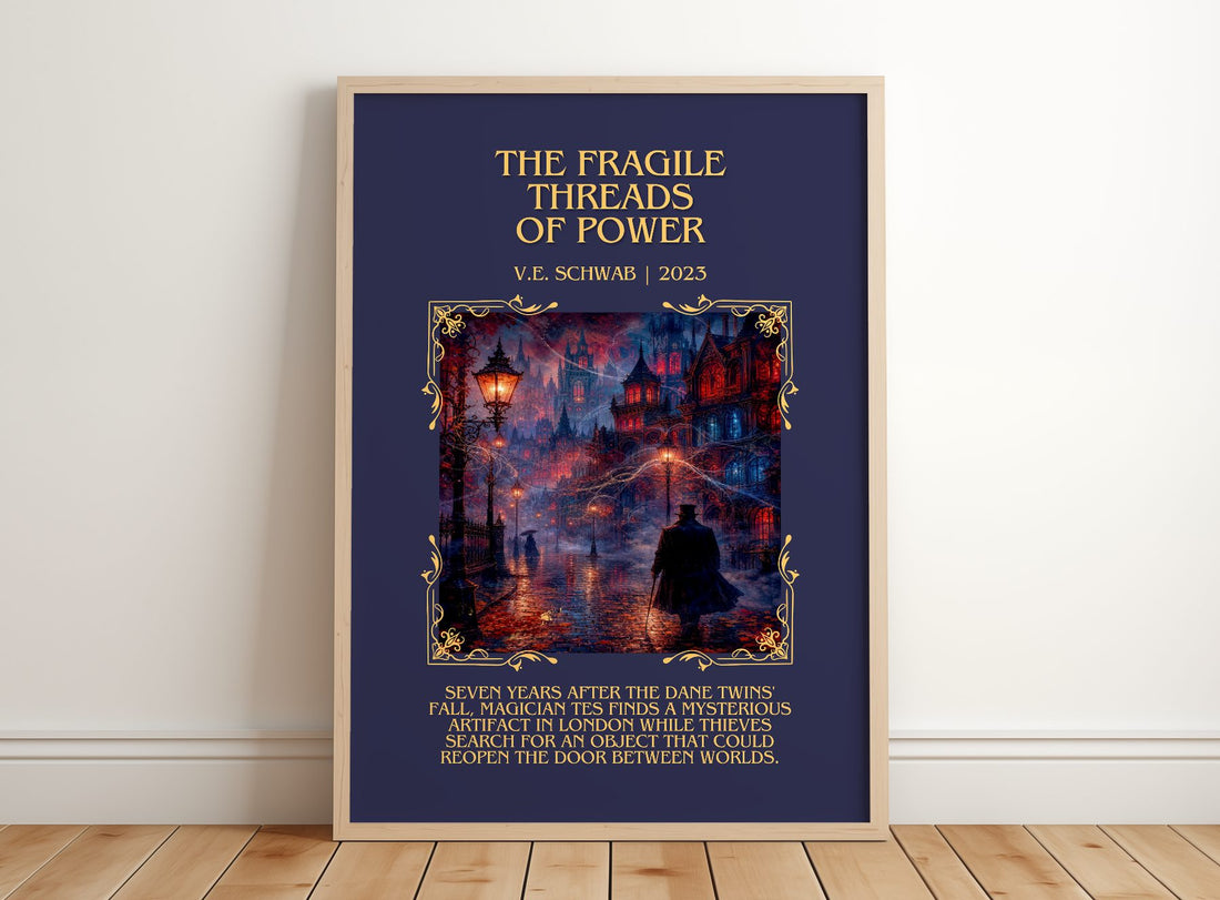 The Fragile Threads of Power Minimalist Book Poster by V.E. Schwab – framed print leaning on a wooden floor