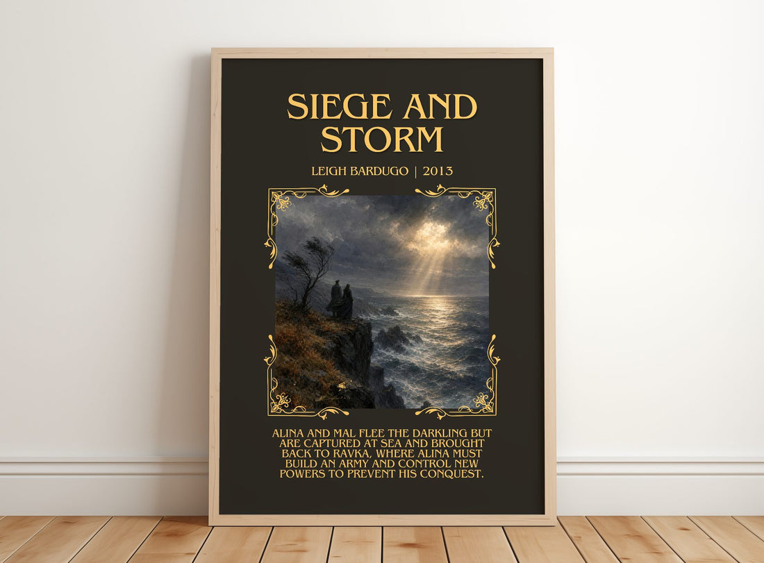 Siege and Storm Minimalist Book Poster by Leigh Bardugo – framed print leaning on a wooden floor