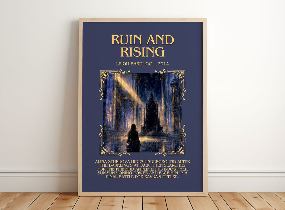 Ruin and Rising Minimalist Book Poster by Leigh Bardugo – framed print leaning on a wooden floor