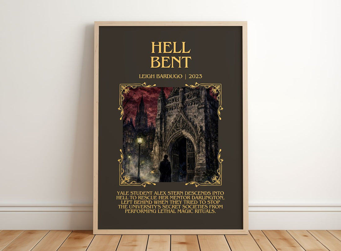 Hell Bent Minimalist Book Poster by Leigh Bardugo – framed print leaning on a wooden floor