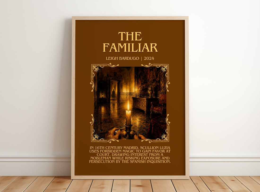 The Familiar Minimalist Book Poster by Leigh Bardugo – framed print leaning on a wooden floor