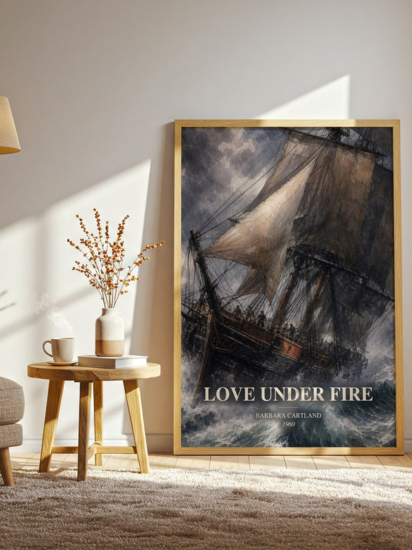 Love Under Fire watercolour print in frame leaning in hallway – romance wall art