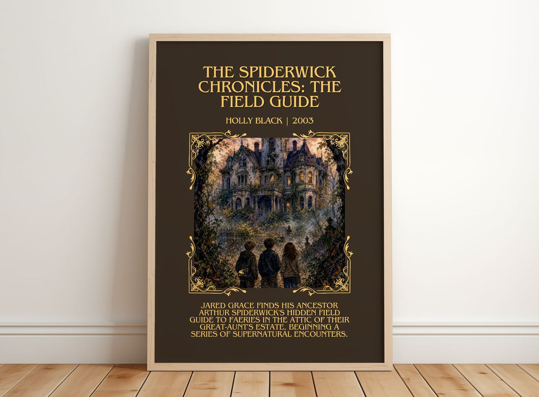 Spiderwick Chronicles: The Field Guide Minimalist Book Poster – framed print leaning on a wooden floor