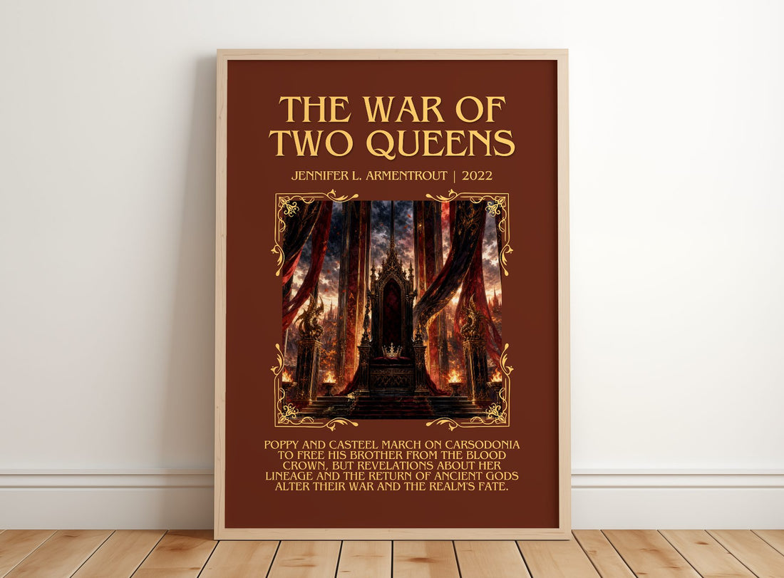 The War of Two Queens Minimalist Book Poster by Jennifer L. Armentrout – framed print leaning on a wooden floor