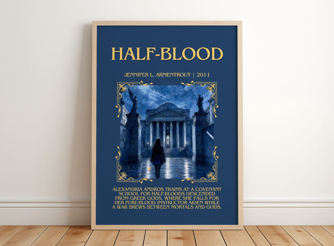 Half-Blood Minimalist Book Poster by Jennifer L. Armentrout – framed print leaning on a wooden floor