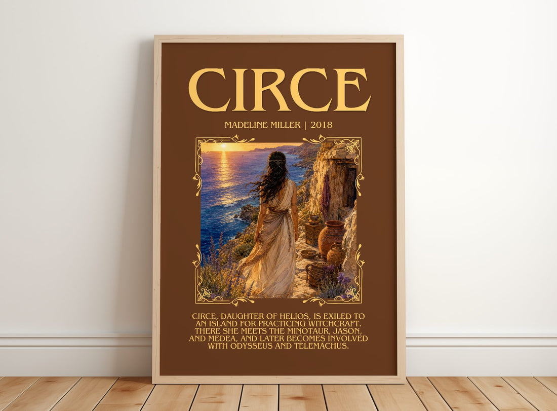Circe Minimalist Book Poster by Madeline Miller – framed print leaning on a wooden floor