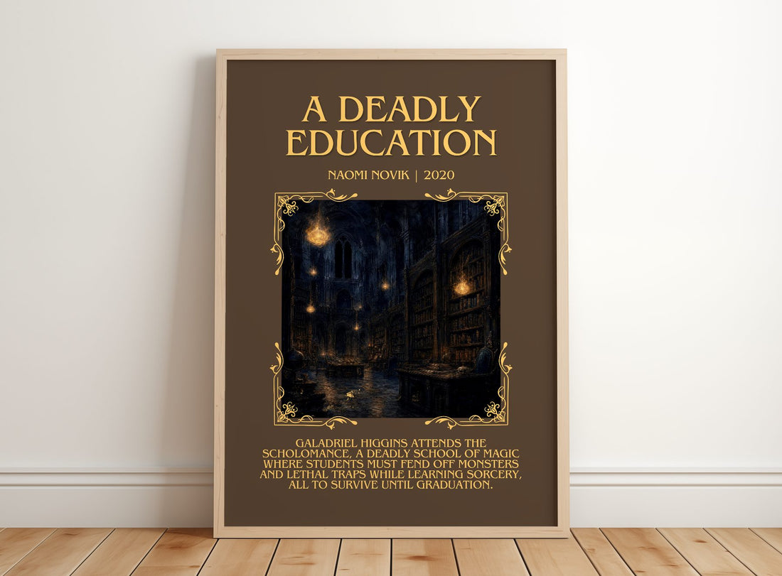 A Deadly Education Minimalist Book Poster by Naomi Novik – framed print leaning on a wooden floor