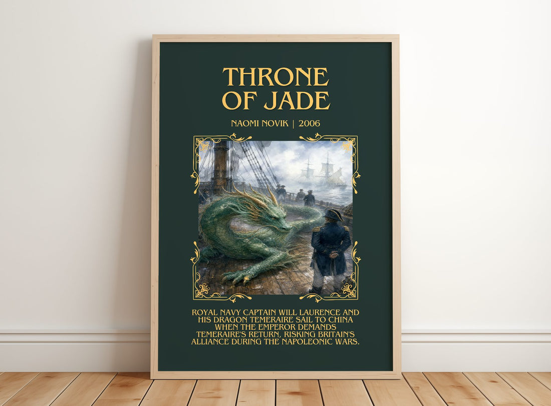 Throne of Jade Minimalist Book Poster by Naomi Novik – framed print leaning on a wooden floor