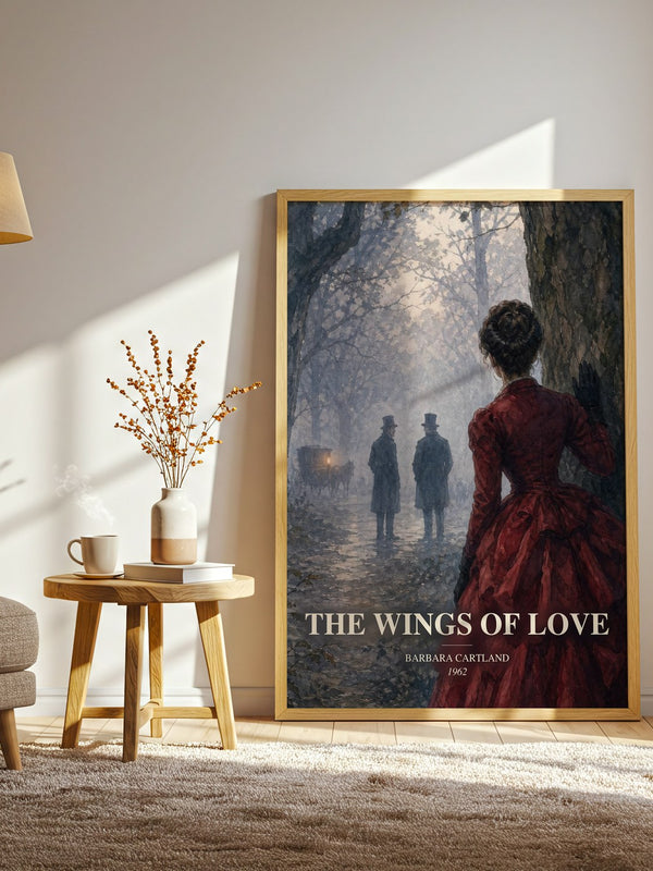 The Wings Of Love watercolour print in frame leaning in hallway – romance wall art