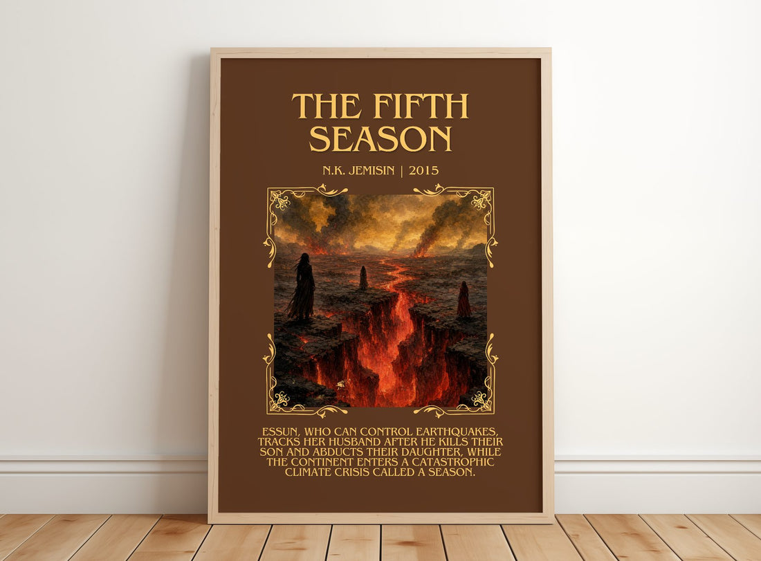 The Fifth Season Minimalist Book Poster by N.K. Jemisin – framed print leaning on a wooden floor