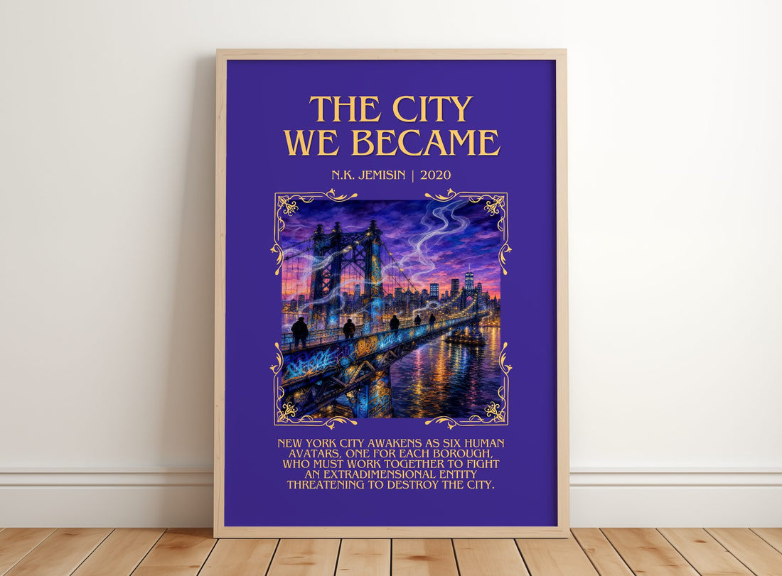 The City We Became Minimalist Book Poster by N.K. Jemisin – framed print leaning on a wooden floor