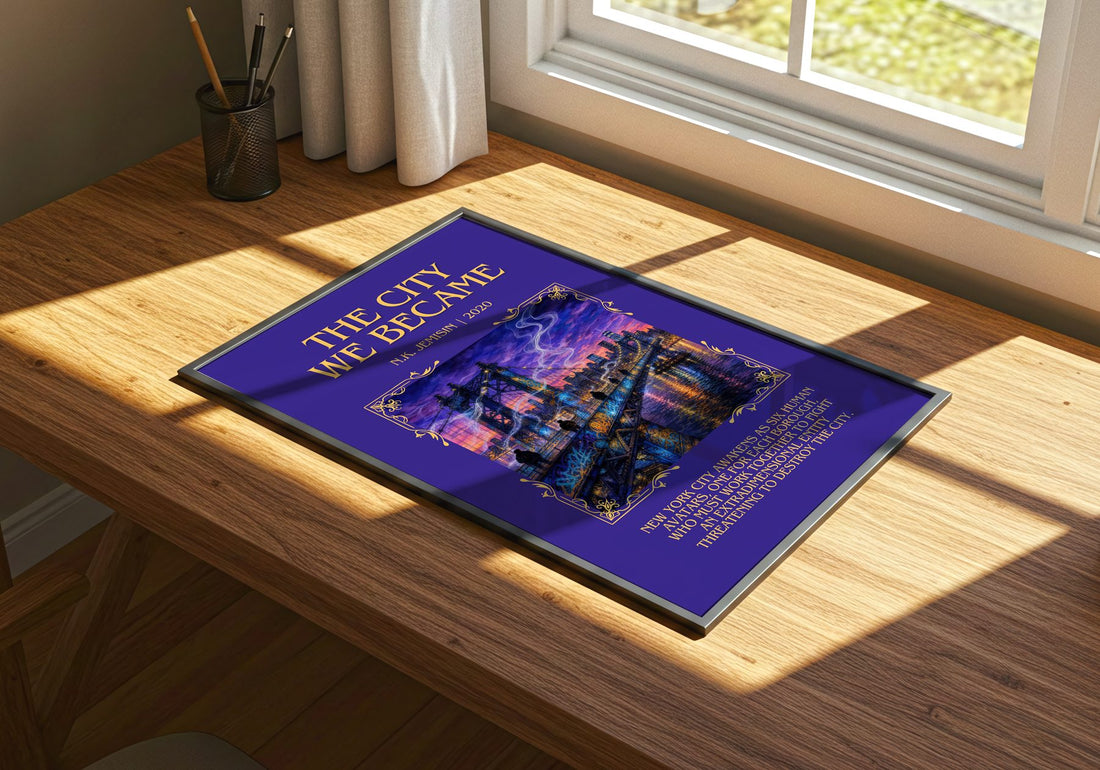 The City We Became Minimalist Book Poster by N.K. Jemisin – print on a sunlit desk