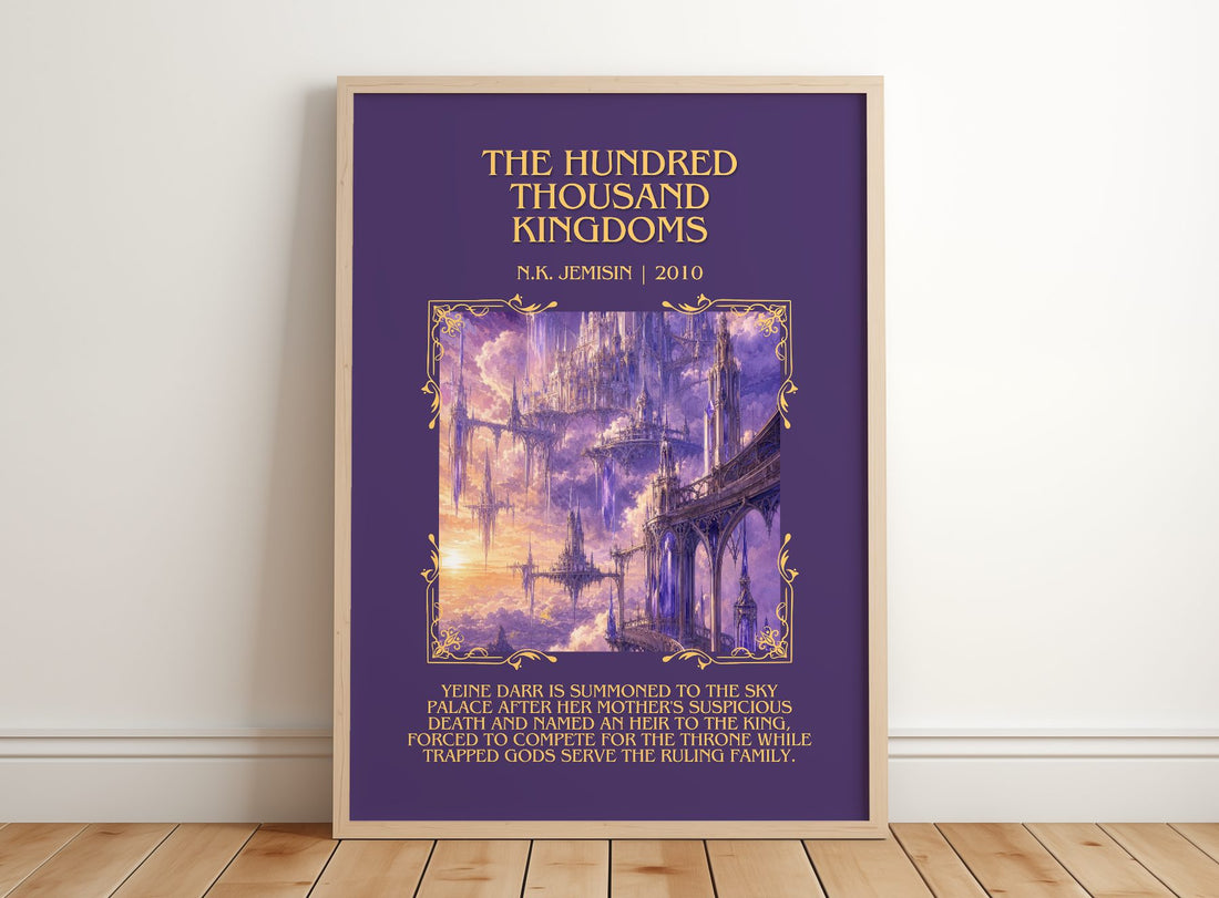 The Hundred Thousand Kingdoms Minimalist Book Poster by N.K. Jemisin – framed print leaning on a wooden floor