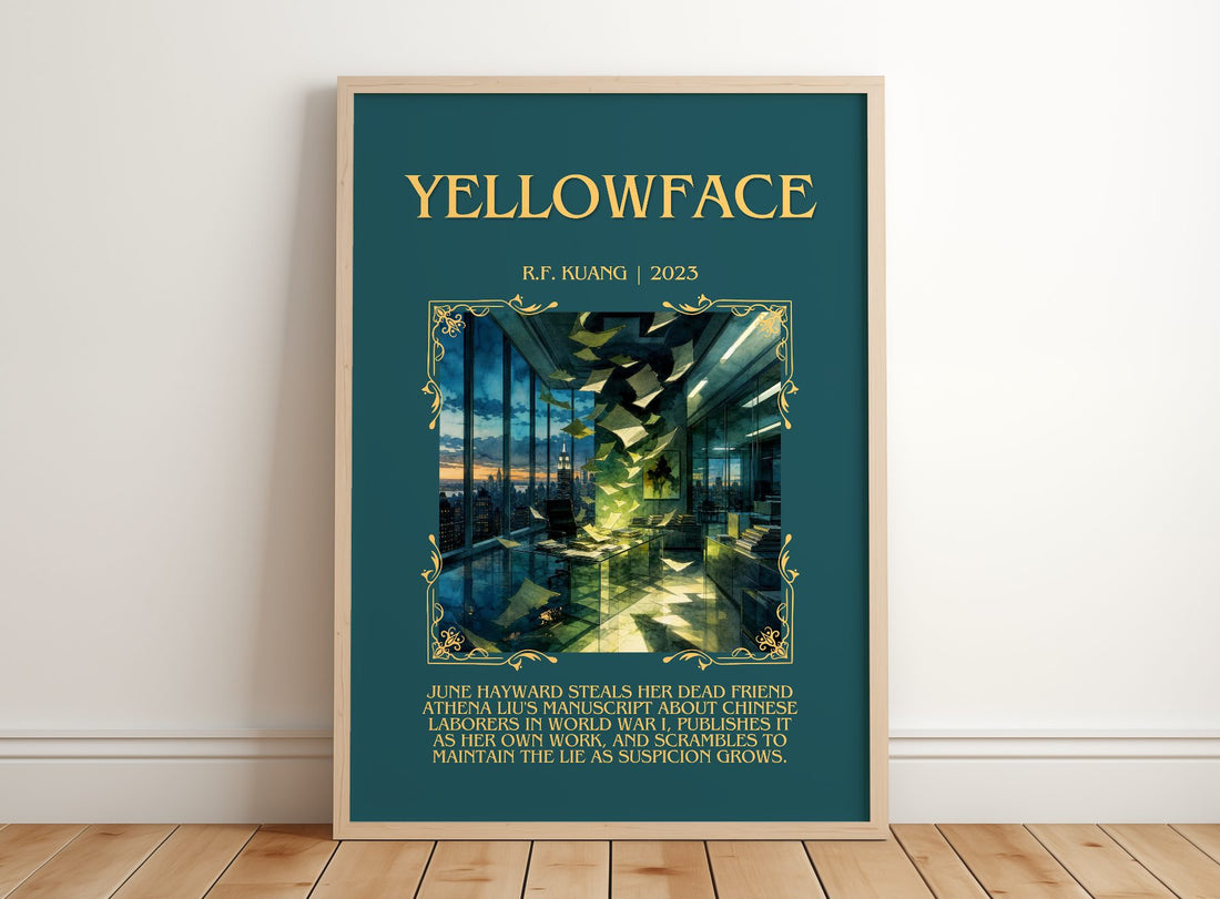 Yellowface Minimalist Book Poster by R.F. Kuang – framed print leaning on a wooden floor
