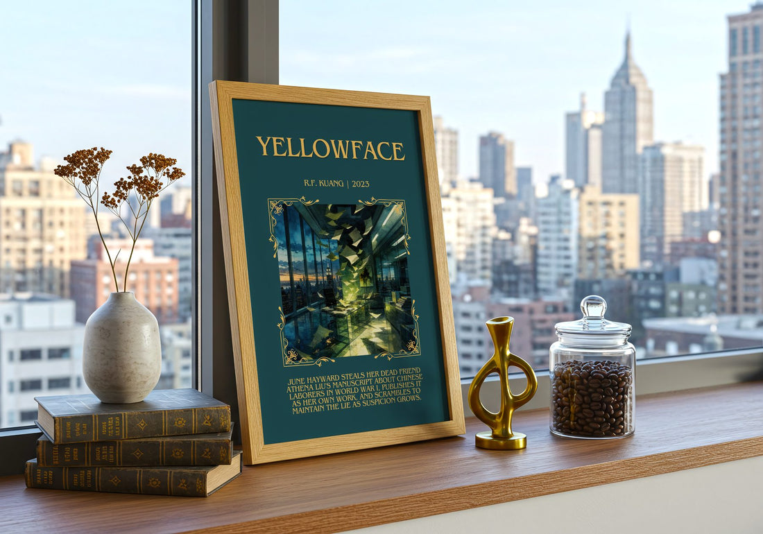 Yellowface Minimalist Book Poster by R.F. Kuang – framed print on a city-view windowsill