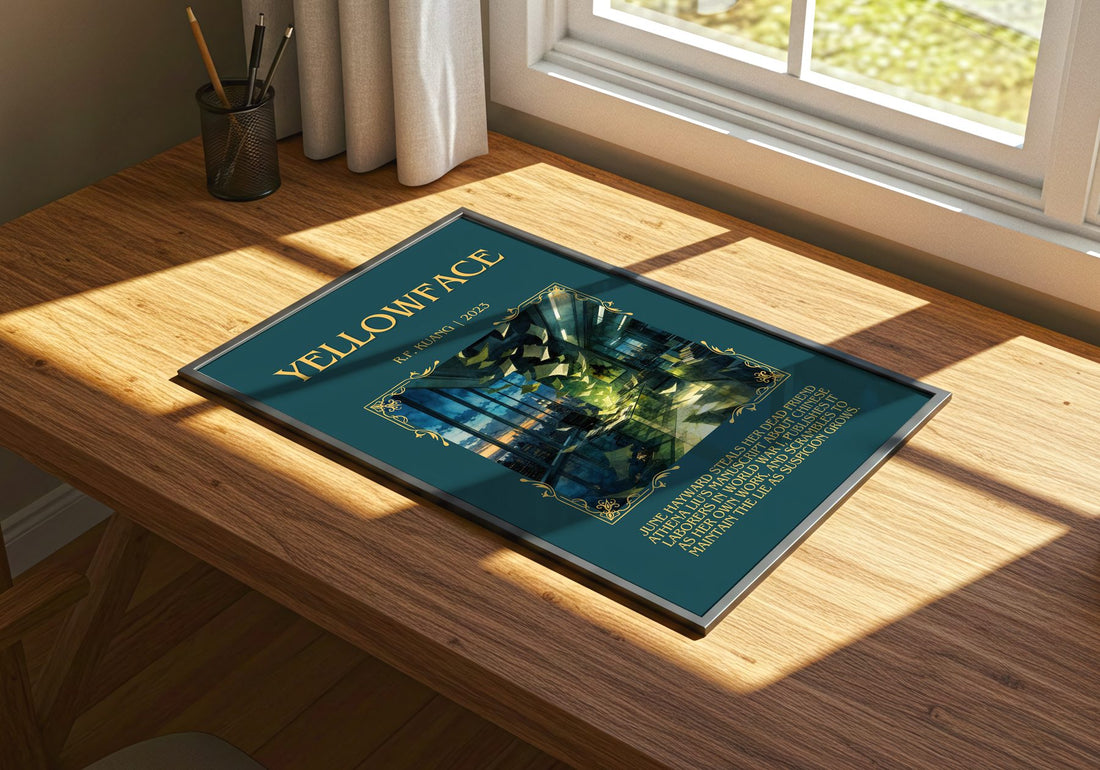 Yellowface Minimalist Book Poster by R.F. Kuang – print on a sunlit desk