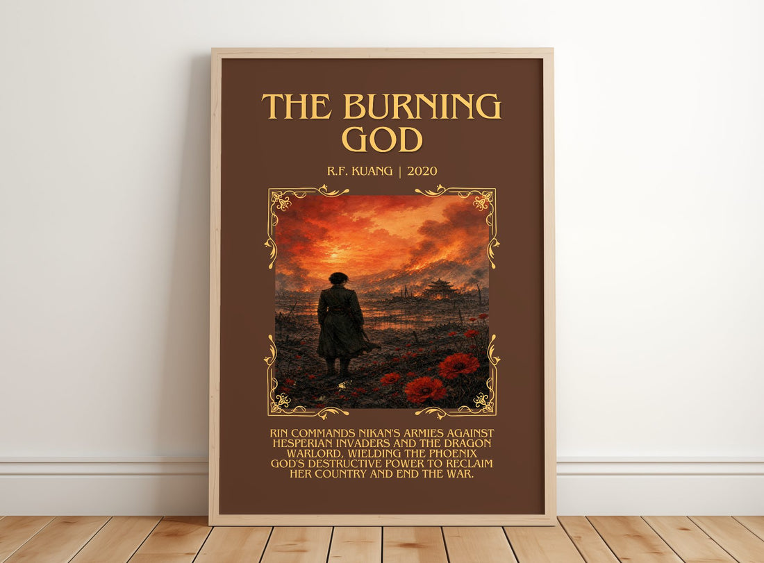 The Burning God Minimalist Book Poster by R.F. Kuang – framed print leaning on a wooden floor