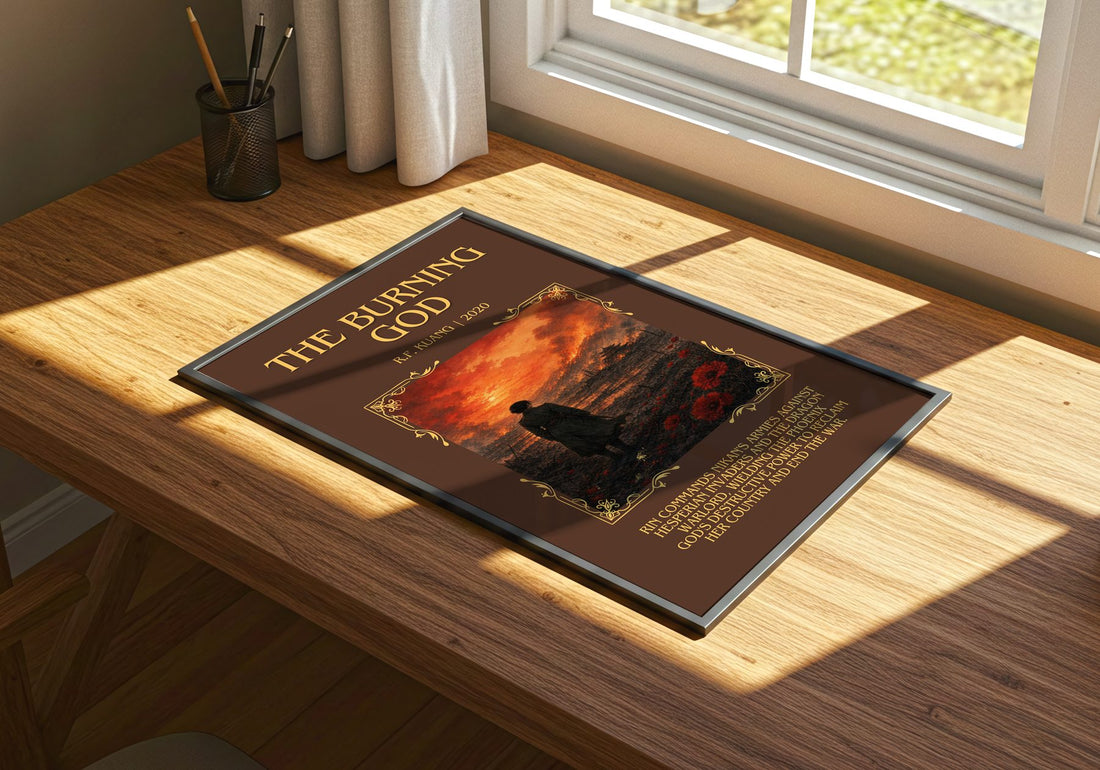 The Burning God Minimalist Book Poster by R.F. Kuang – print on a sunlit desk