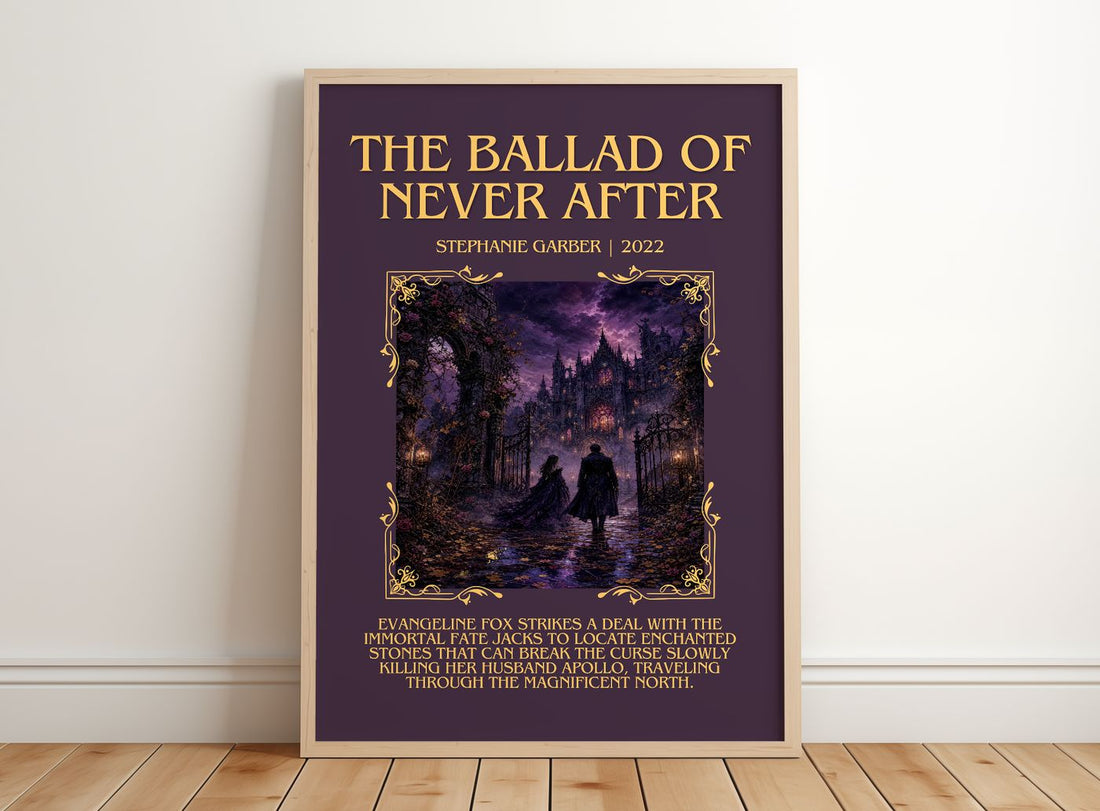 The Ballad of Never After Minimalist Book Poster by Stephanie Garber – framed print leaning on a wooden floor