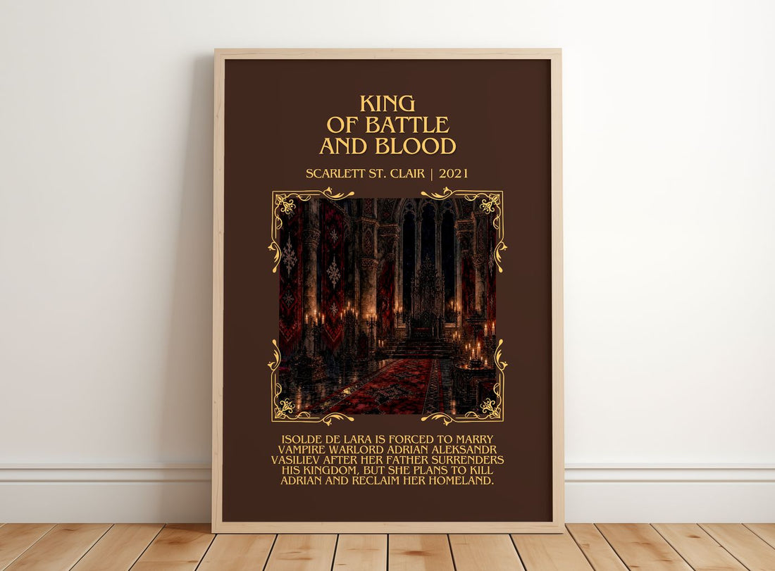 King of Battle and Blood Minimalist Book Poster by Scarlett St. Clair – framed print leaning on a wooden floor