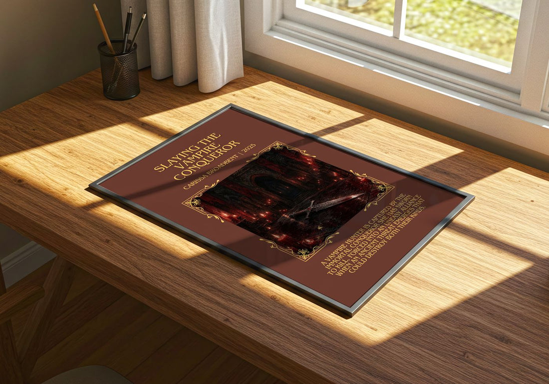 Slaying the Vampire Conqueror Minimalist Book Poster by C. Broadbent – print on a sunlit desk