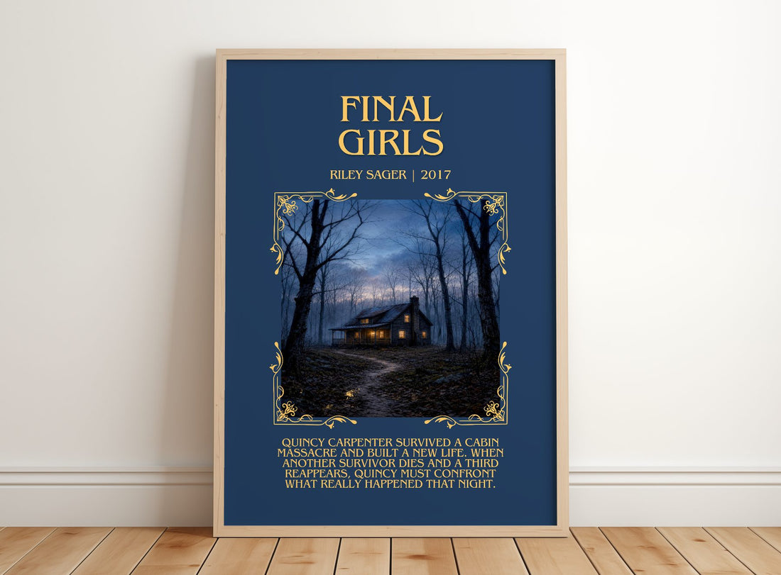 Final Girls Minimalist Book Poster by Riley Sager – framed print leaning on a wooden floor