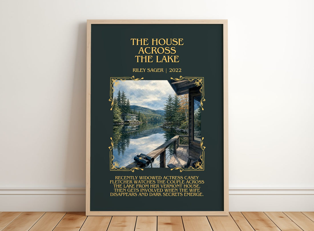 The House Across the Lake Minimalist Book Poster by Riley Sager – framed print leaning on a wooden floor