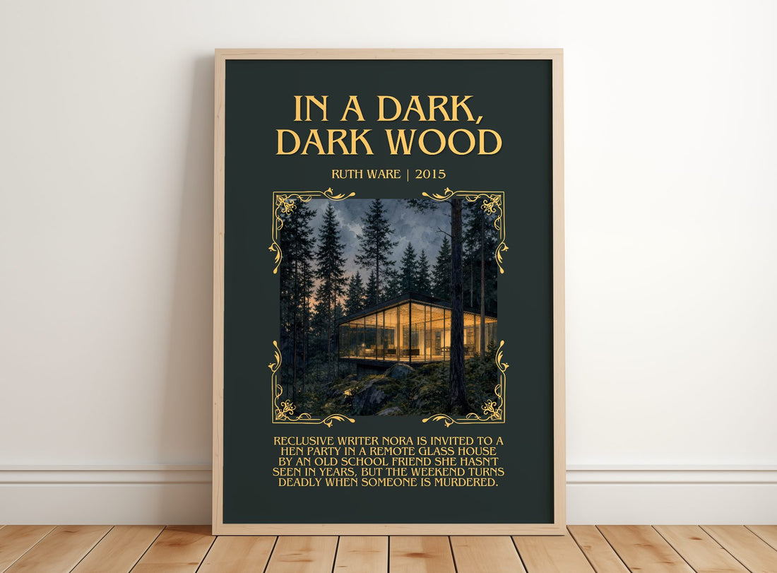 In a Dark, Dark Wood Minimalist Book Poster by Ruth Ware – framed print leaning on a wooden floor