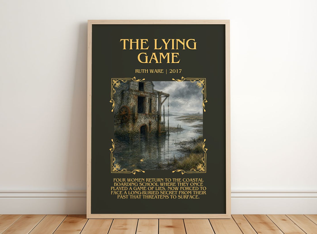The Lying Game Minimalist Book Poster by Ruth Ware – framed print leaning on a wooden floor