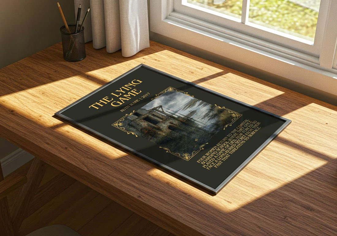 The Lying Game Minimalist Book Poster by Ruth Ware – print on a sunlit desk