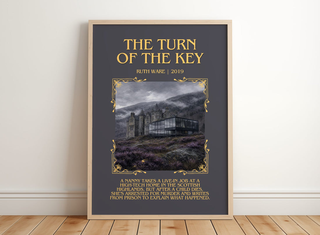 The Turn of the Key Minimalist Book Poster by Ruth Ware – framed print leaning on a wooden floor