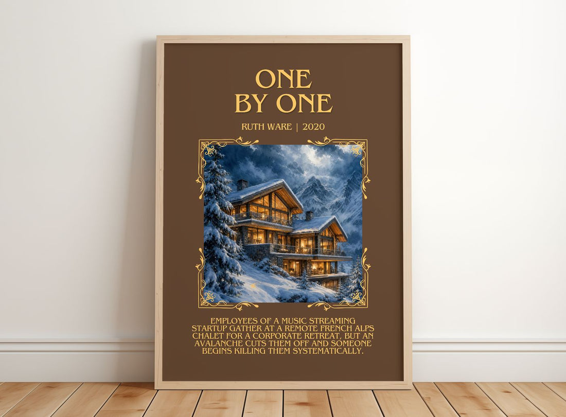 One by One Minimalist Book Poster by Ruth Ware – framed print leaning on a wooden floor