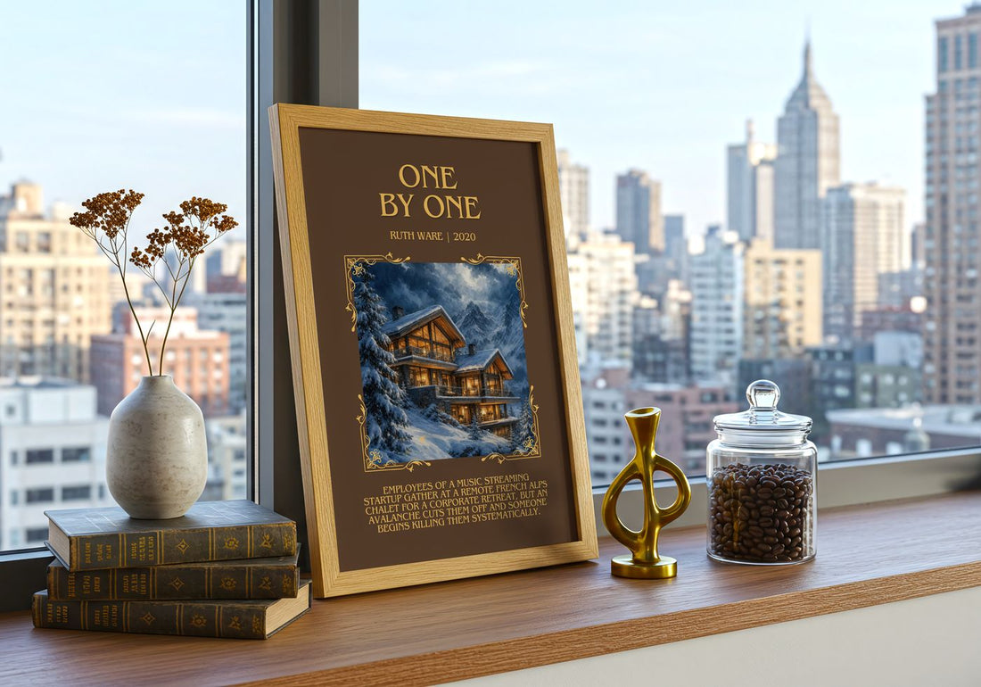 One by One Minimalist Book Poster by Ruth Ware – framed print on a city-view windowsill